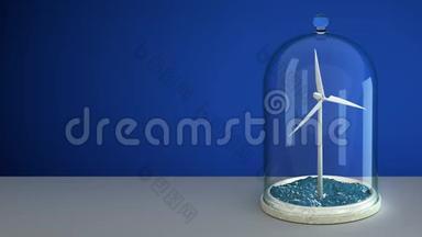 在桌子上的玻璃灯泡下在海上的风车。 3D4K